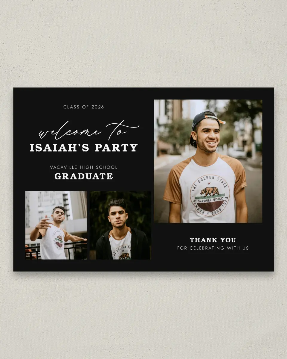 This is a 20" x 28" Welcome Grad Sign called Let's Celebrate printed in full color