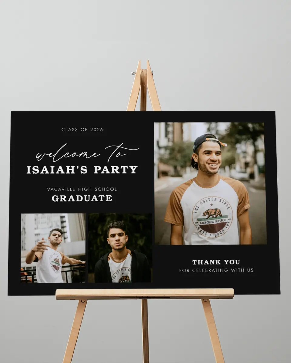 This is a 20" x 28" Welcome Grad Sign called Let's Celebrate printed in full color