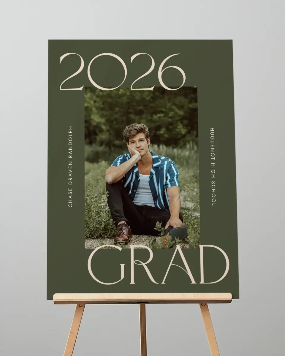 This is a 20" x 28" Welcome Grad Sign called Grand Year printed in full color with Silver foil