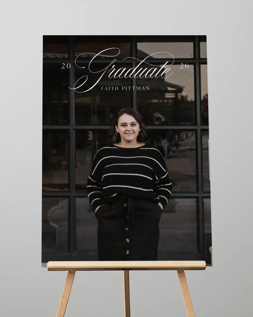 This is a 20" x 28" Welcome Grad Sign called Class Elegance printed in full color