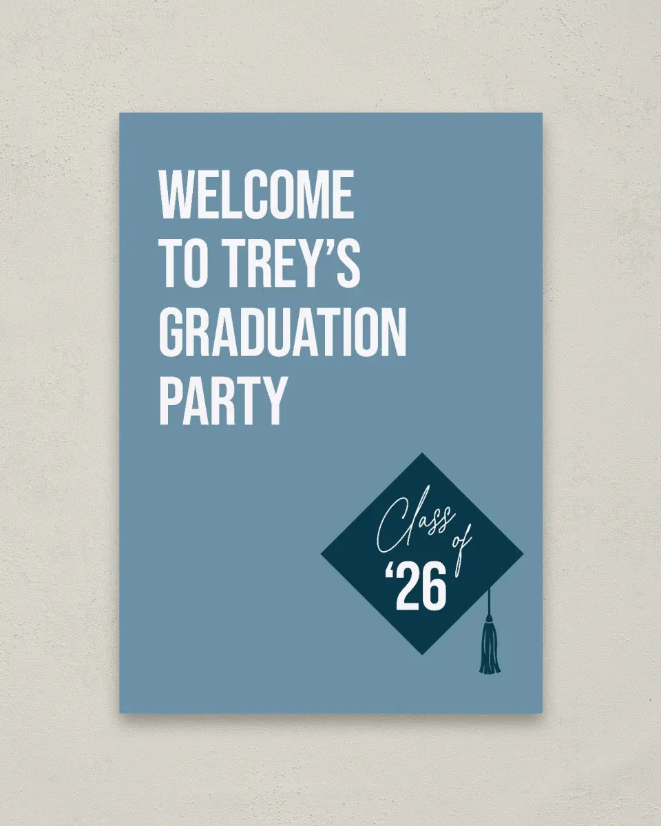 This is a 20" x 28" Welcome Grad Sign called Scholarly Style printed in full color