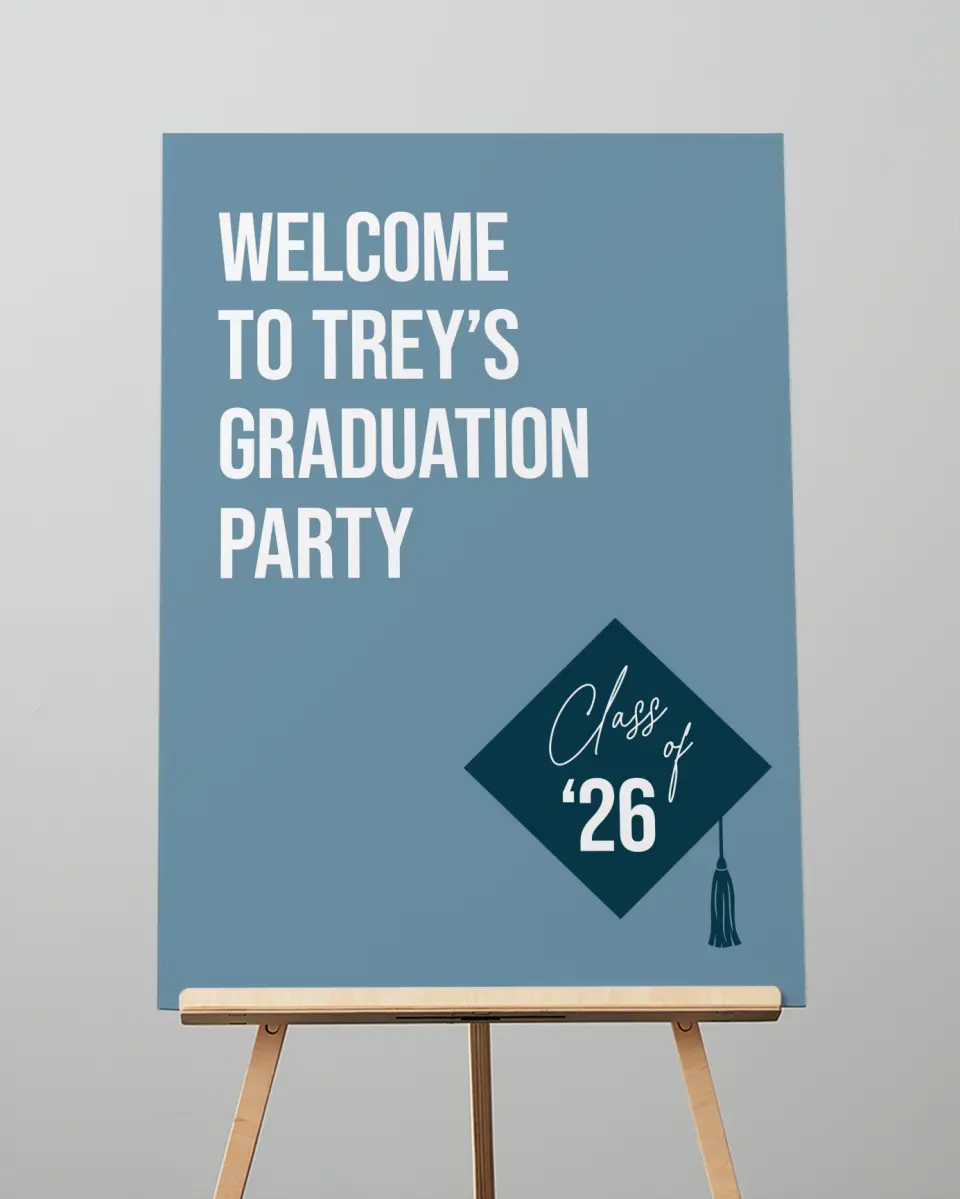 This is a 20" x 28" Welcome Grad Sign called Scholarly Style printed in full color