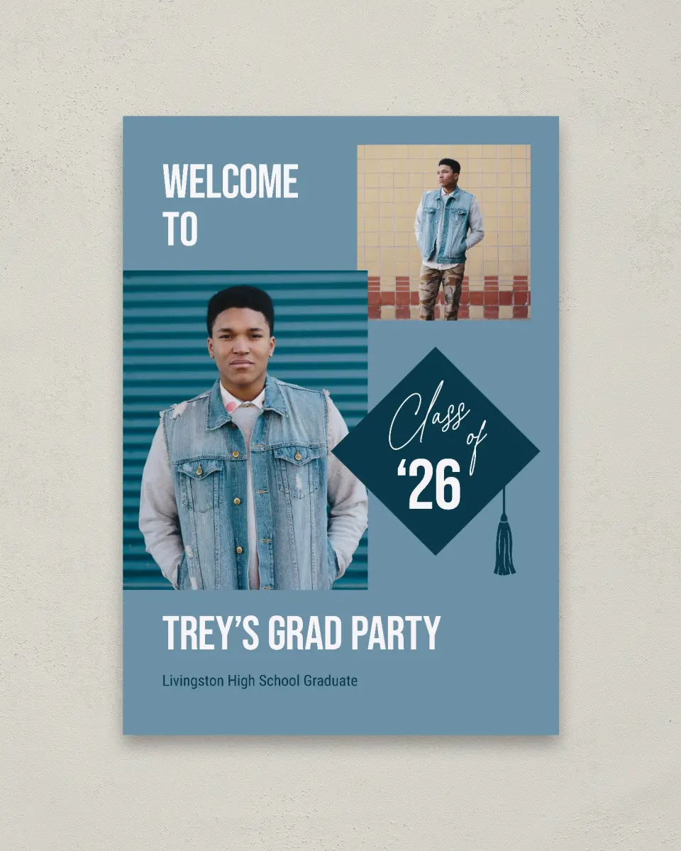 This is a 20" x 28" Welcome Grad Sign called Scholarly Style printed in full color