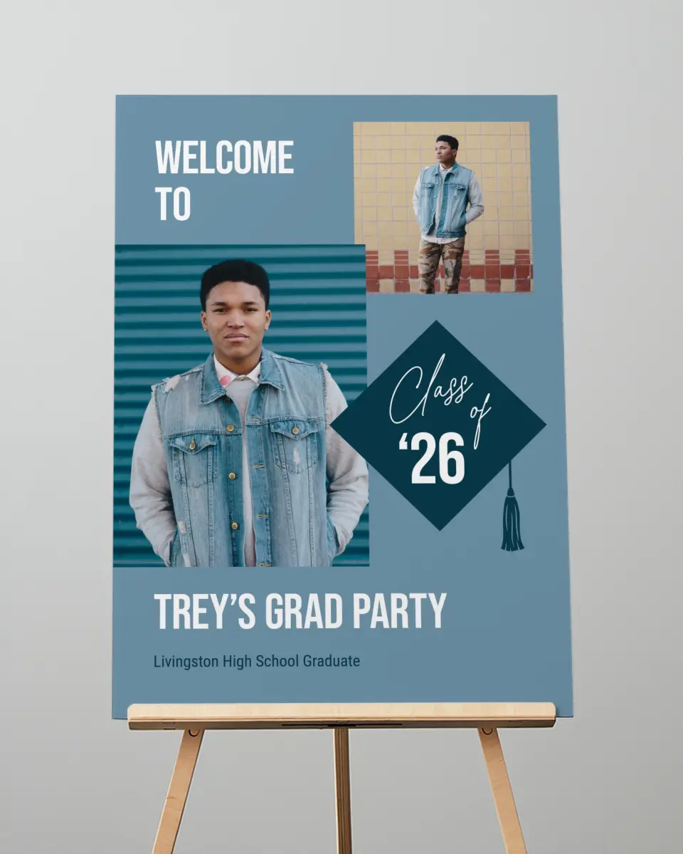 This is a 20" x 28" Welcome Grad Sign called Scholarly Style printed in full color