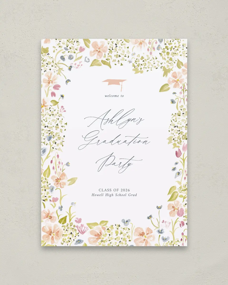 This is a 20" x 28" Welcome Grad Sign called Blooming Bright printed in full color