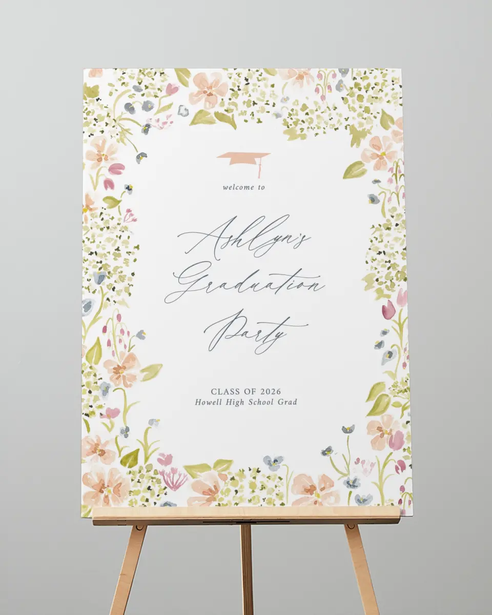 This is a 20" x 28" Welcome Grad Sign called Blooming Bright printed in full color