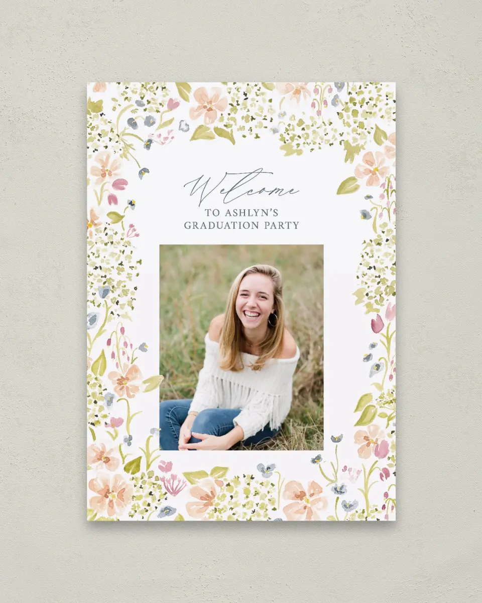 This is a 20" x 28" Welcome Grad Sign called Blooming Bright printed in full color