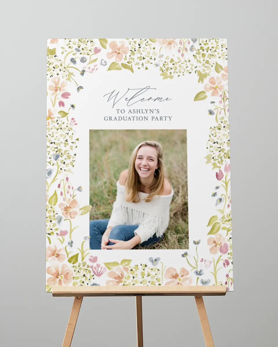This is a 20" x 28" Welcome Grad Sign called Blooming Bright printed in full color