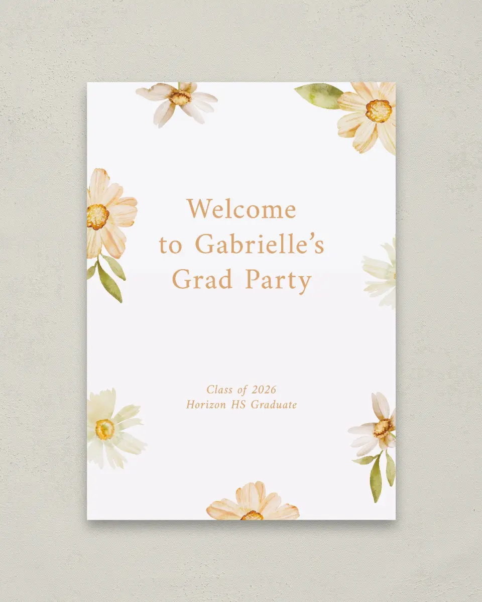 This is a 20" x 28" Welcome Grad Sign called Sunny Blooms printed in full color