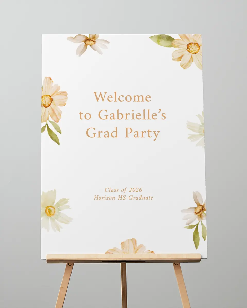 This is a 20" x 28" Welcome Grad Sign called Sunny Blooms printed in full color with Rose Gold foil