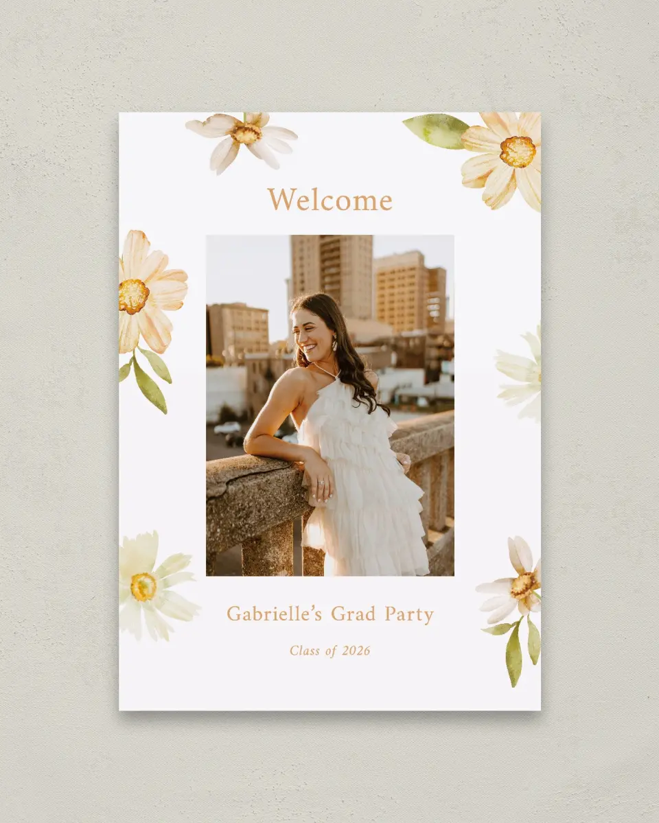This is a 20" x 28" Welcome Grad Sign called Sunny Blooms printed in full color