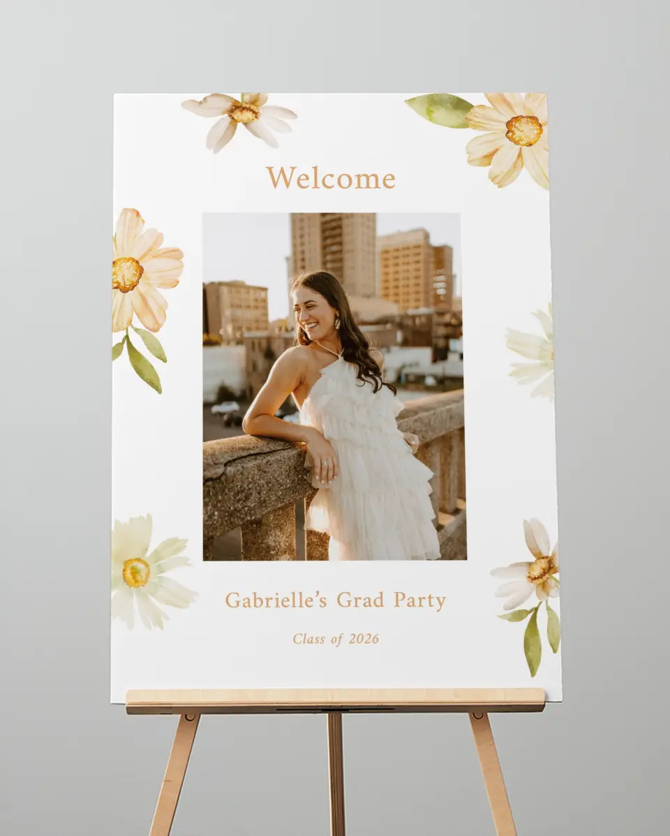 This is a 20" x 28" Welcome Grad Sign called Sunny Blooms printed in full color with Rose Gold foil