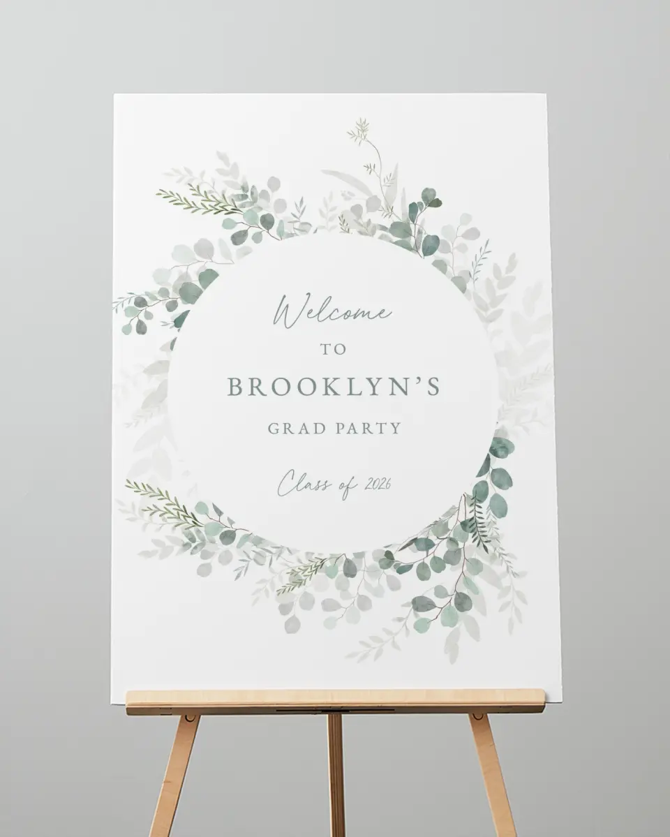This is a 20" x 28" Welcome Grad Sign called Grad Greenery printed in full color with Rose Gold foil