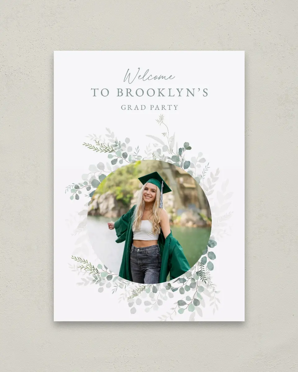 This is a 20" x 28" Welcome Grad Sign called Grad Greenery printed in full color