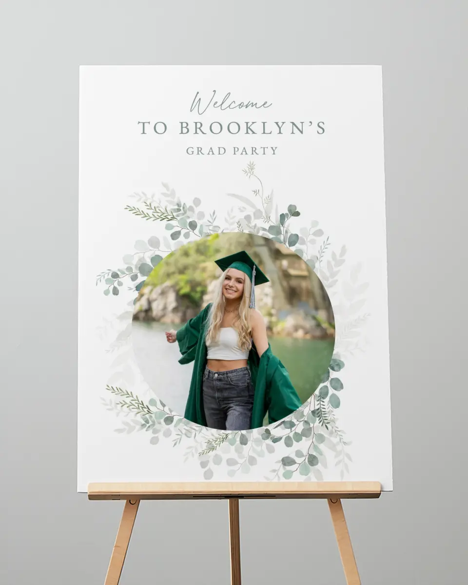This is a 20" x 28" Welcome Grad Sign called Grad Greenery printed in full color