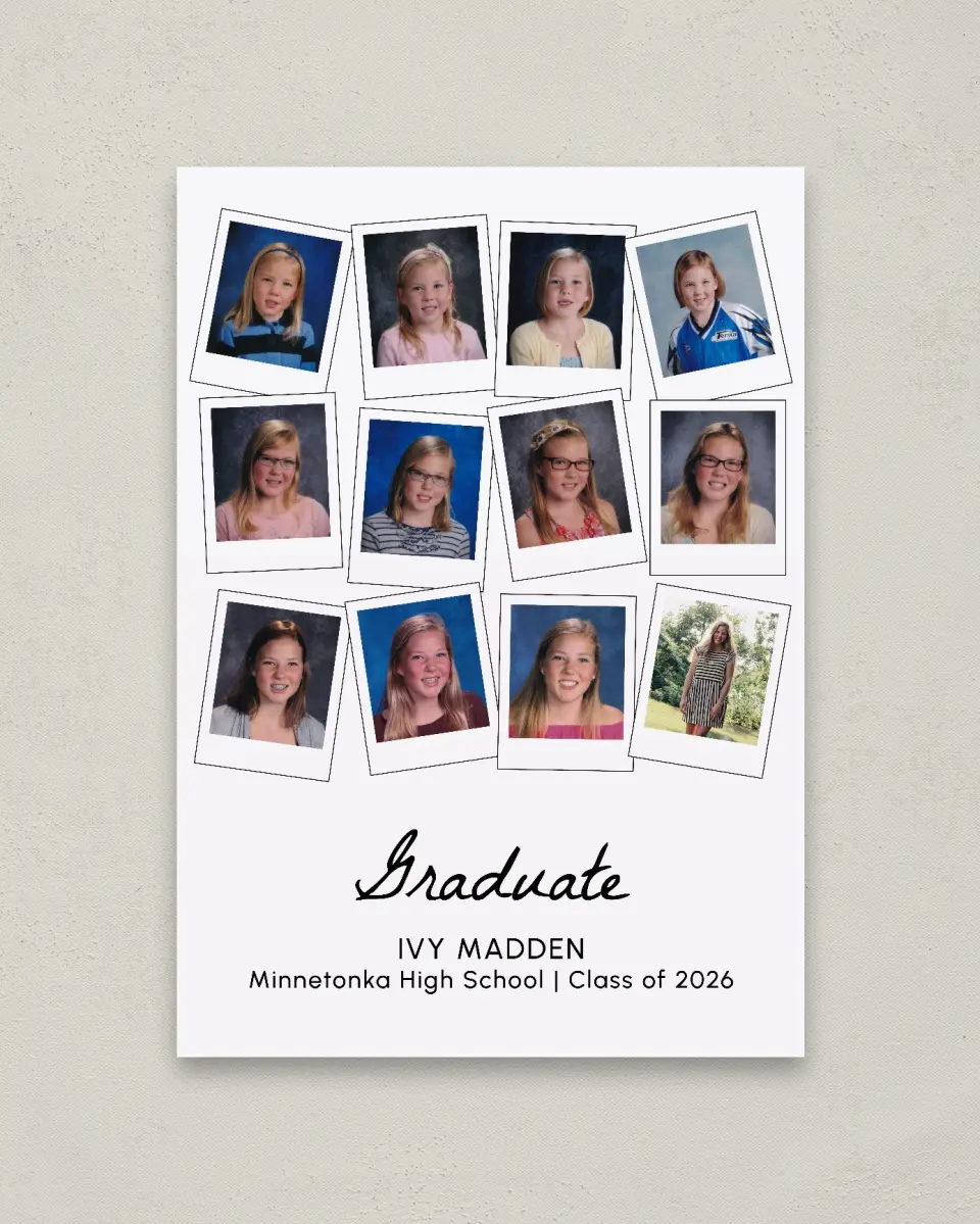 This is a 20" x 28" Welcome Grad Sign called Snapshots of Success printed in full color