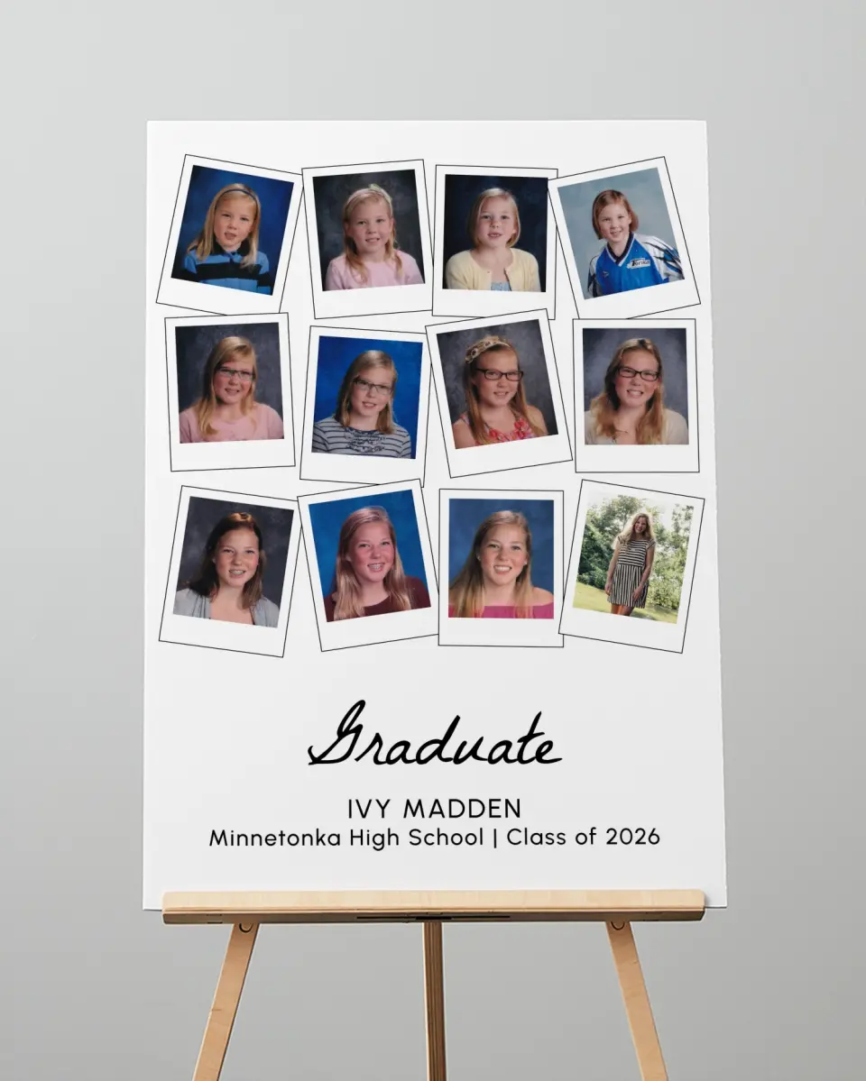 This is a 20" x 28" Welcome Grad Sign called Snapshots of Success printed in full color