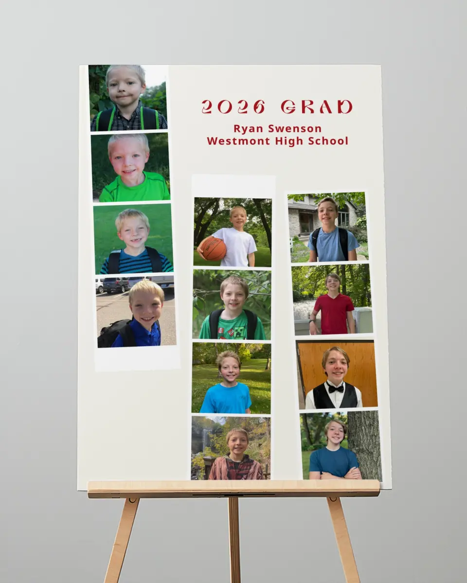 This is a 20" x 28" Welcome Grad Sign called Memory Lane printed in full color