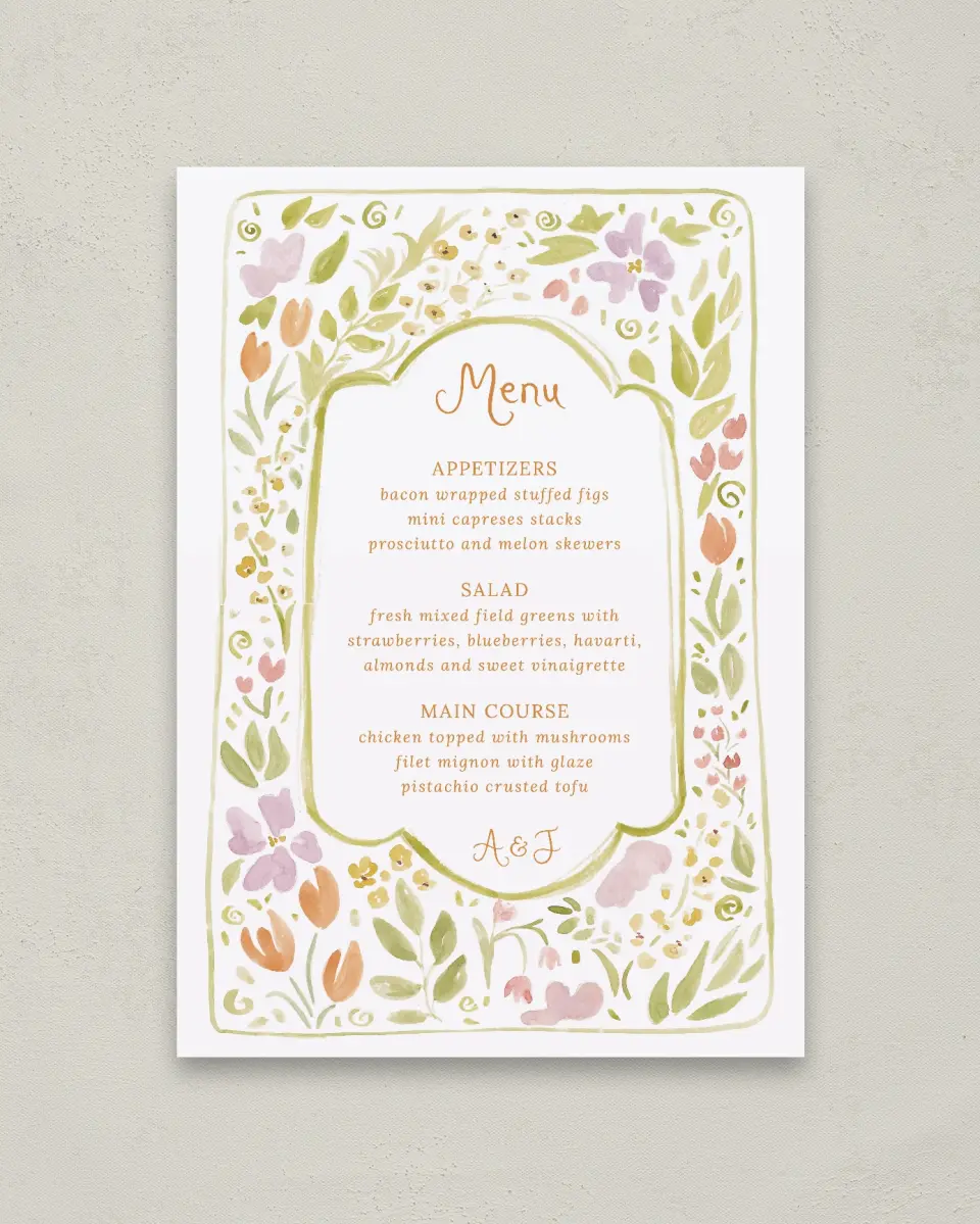 This is a 20" x 28" Menu Sign called Floral Whimsy printed in full color with Rose Gold foil