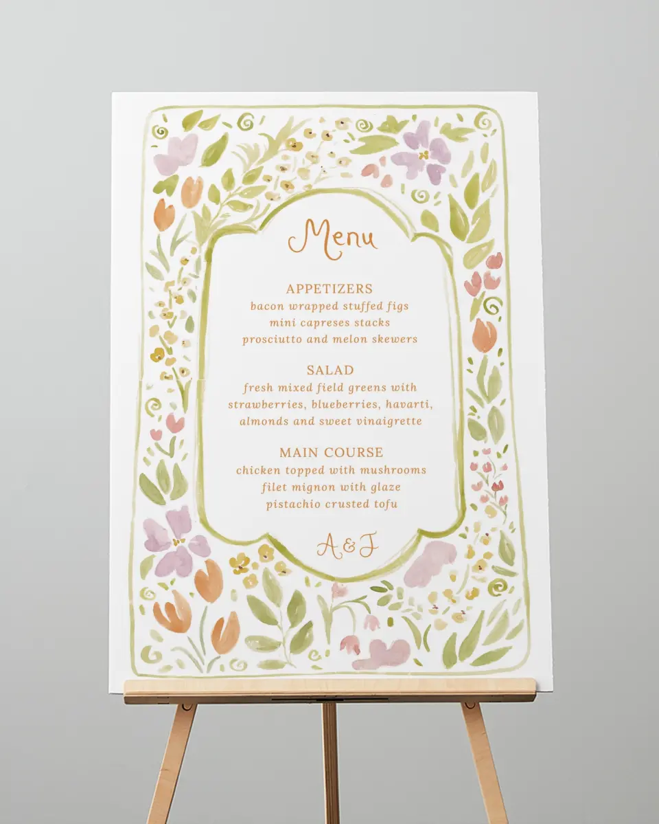 This is a 20" x 28" Menu Sign called Floral Whimsy printed in full color with Gold foil