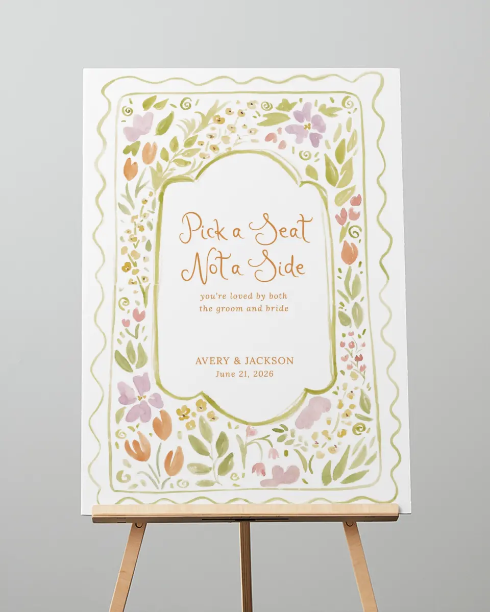 This is a 20" x 28" Pick a Seat Sign called Floral Whimsy printed in full color