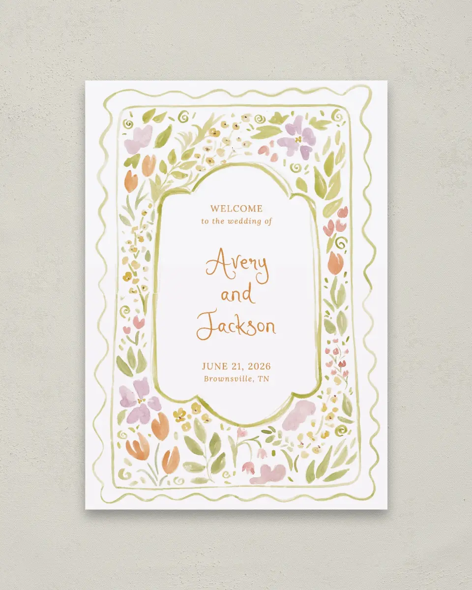 This is a 20" x 28" Welcome Sign called Floral Whimsy printed in full color