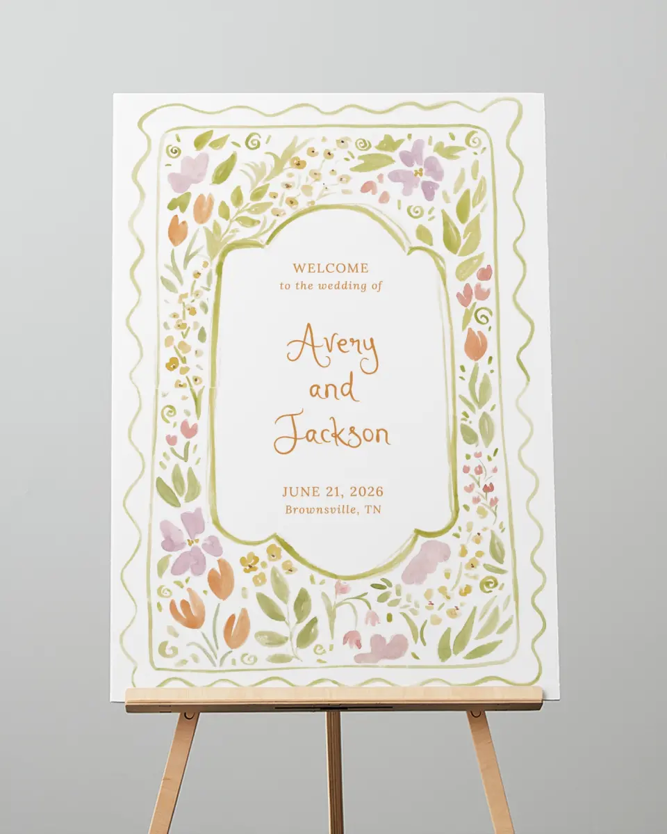 This is a 20" x 28" Welcome Sign called Floral Whimsy printed in full color with Rose Gold foil
