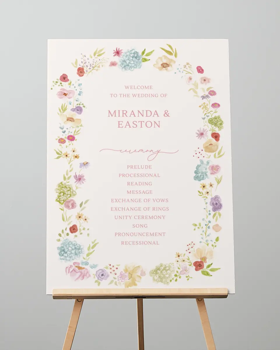 This is a 20" x 28" Ceremony Sign called Dainty Garden printed in full color