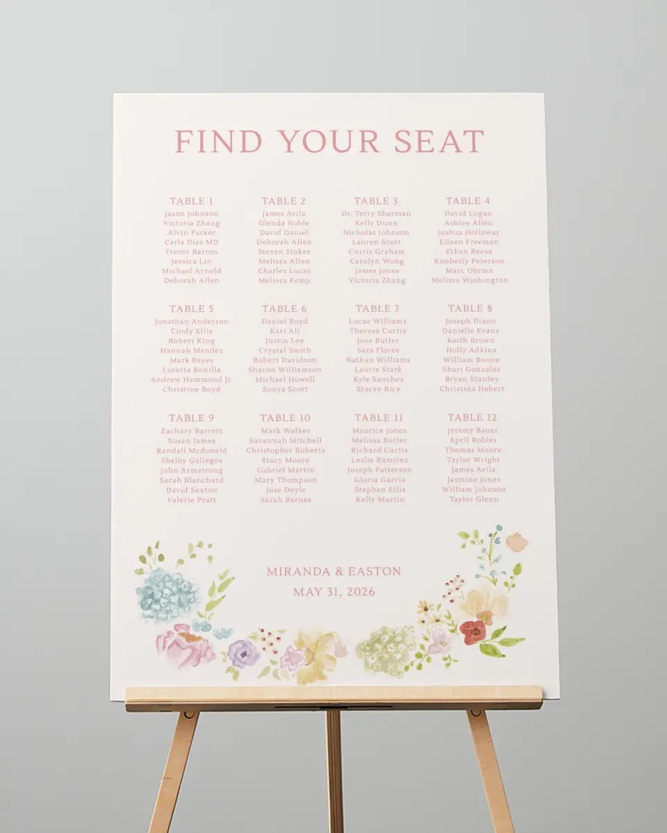 This is a 20" x 28" Seating Chart Sign called Dainty Garden printed in full color