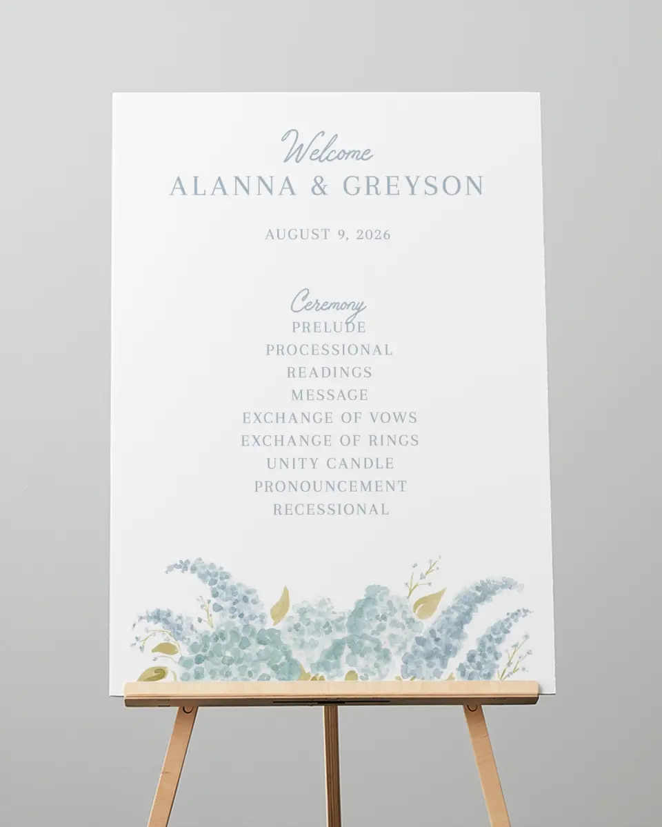 This is a 20" x 28" Ceremony Sign called Dashing Delphinium printed in full color