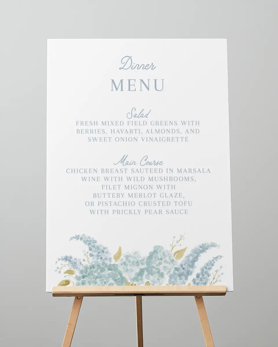 This is a 20" x 28" Menu Sign called Dashing Delphinium printed in full color with Silver foil