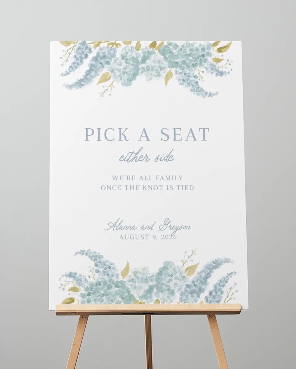 This is a 20" x 28" Pick a Seat Sign called Dashing Delphinium printed in full color