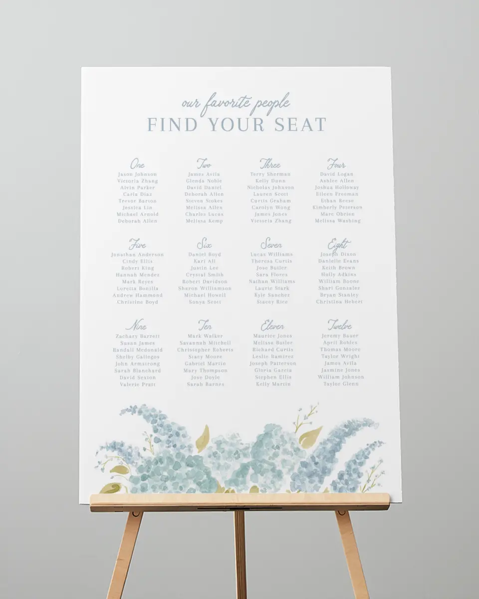 This is a 20" x 28" Seating Chart Sign called Dashing Delphinium printed in full color