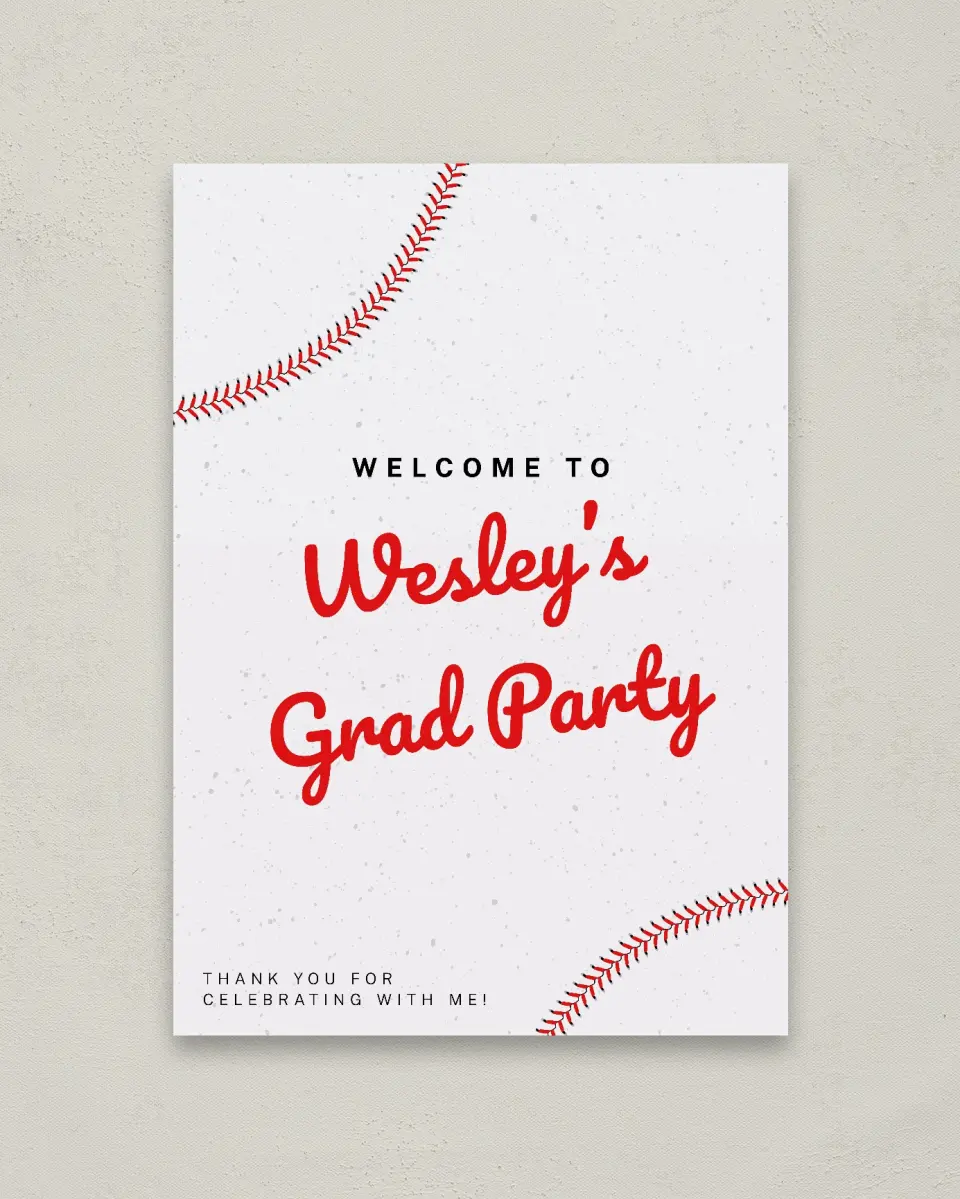 This is a 20" x 28" Welcome Grad Sign called Homerun Hero printed in full color