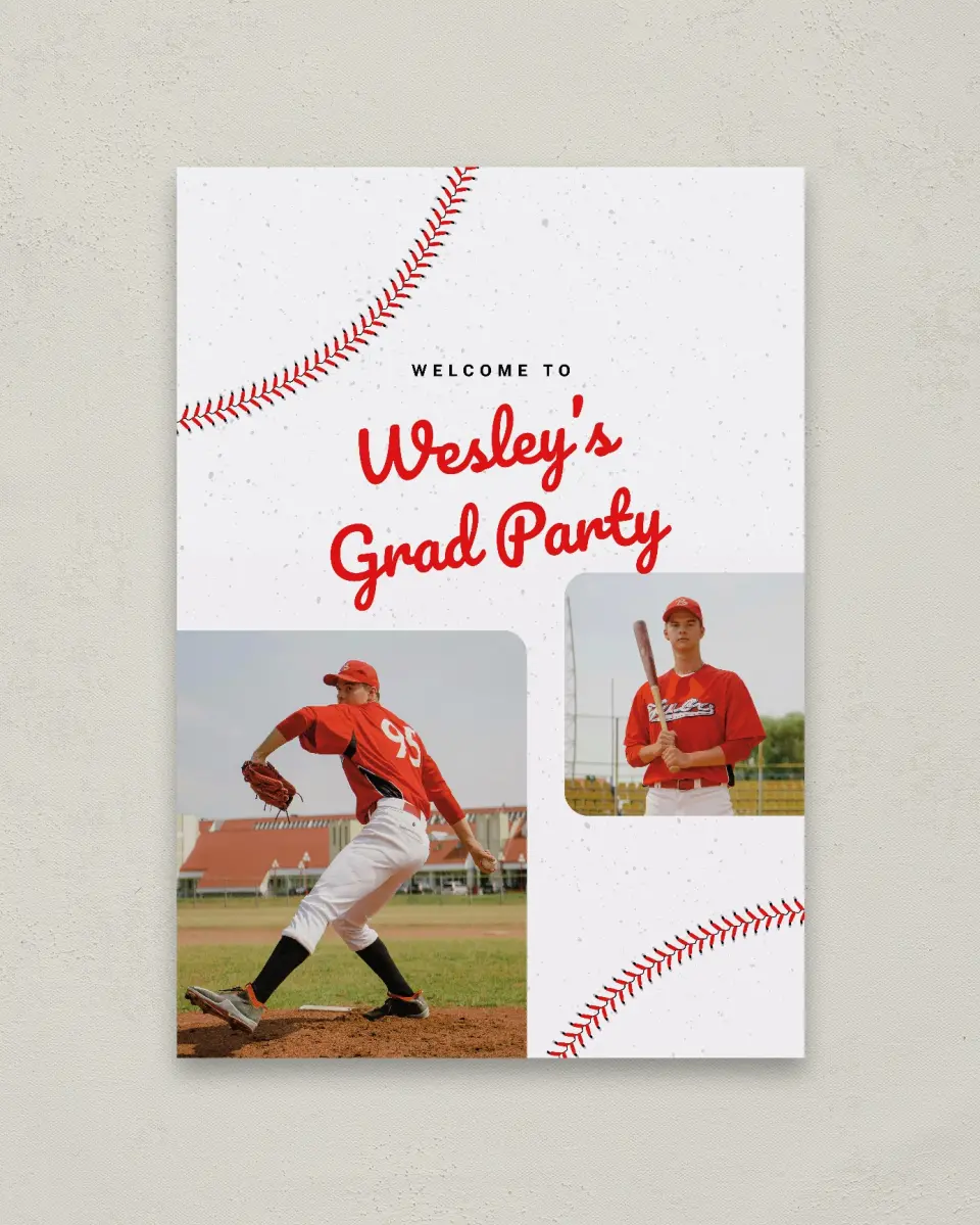 This is a 20" x 28" Welcome Grad Sign called Homerun Hero printed in full color