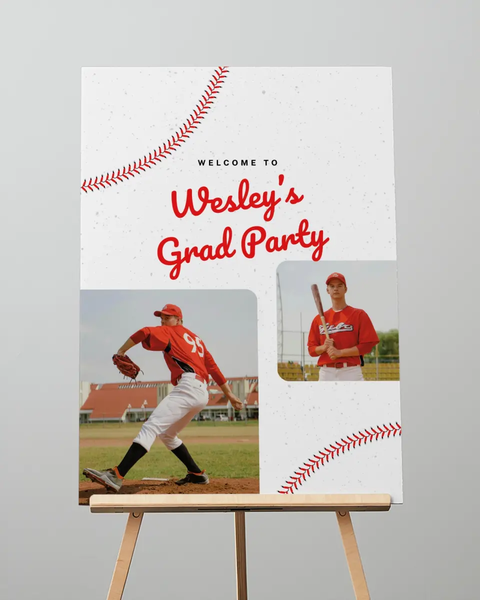 This is a 20" x 28" Welcome Grad Sign called Homerun Hero printed in full color