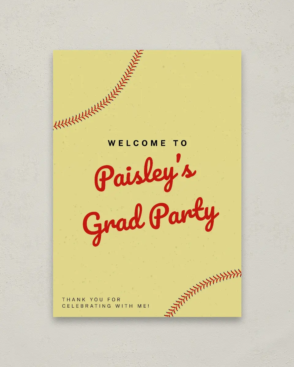 This is a 20" x 28" Welcome Grad Sign called Softball Slugger printed in full color