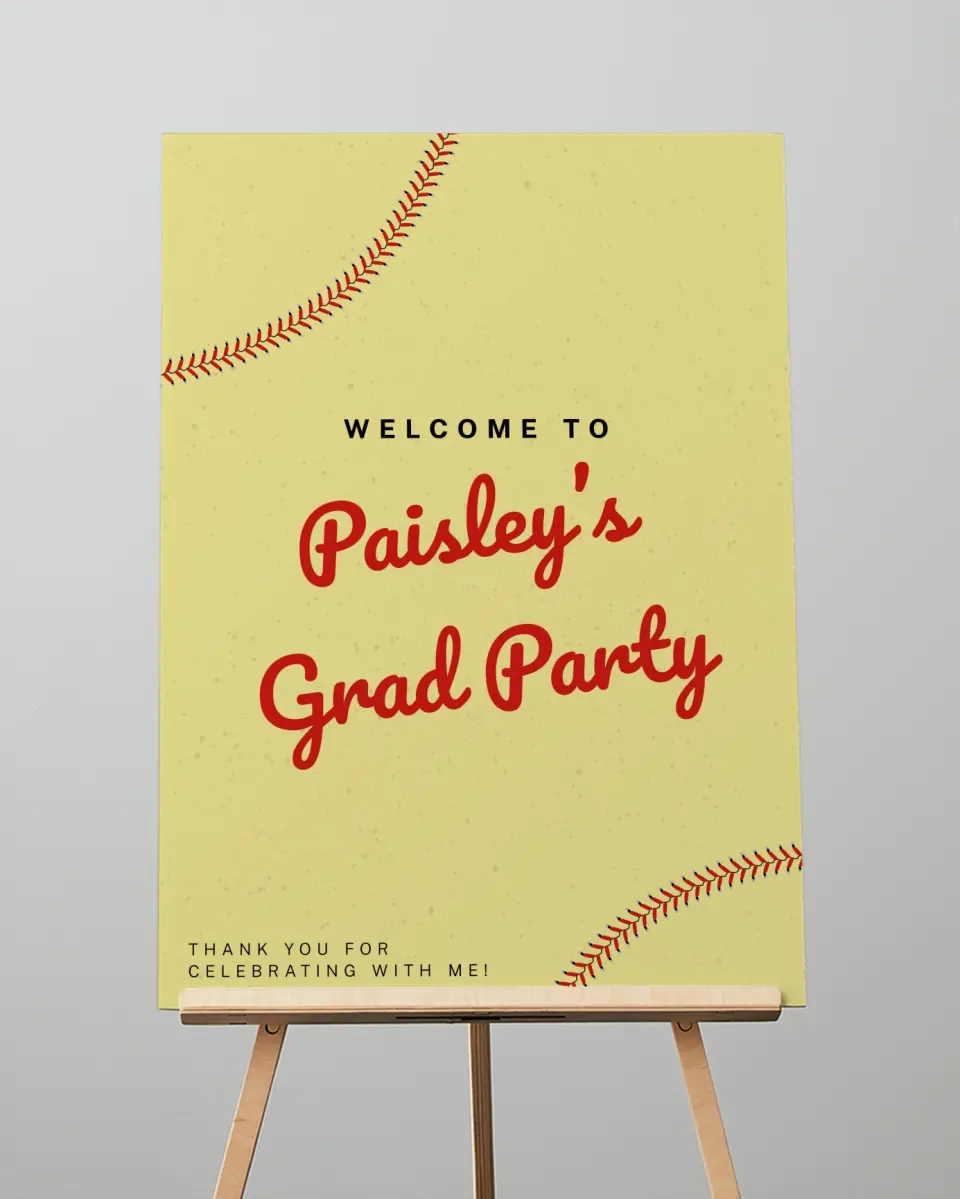 This is a 20" x 28" Welcome Grad Sign called Softball Slugger printed in full color
