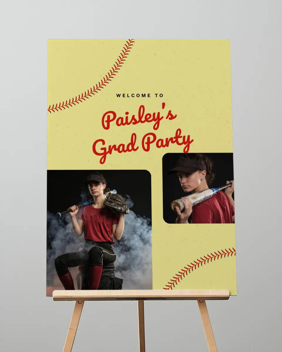 This is a 20" x 28" Welcome Grad Sign called Softball Slugger printed in full color