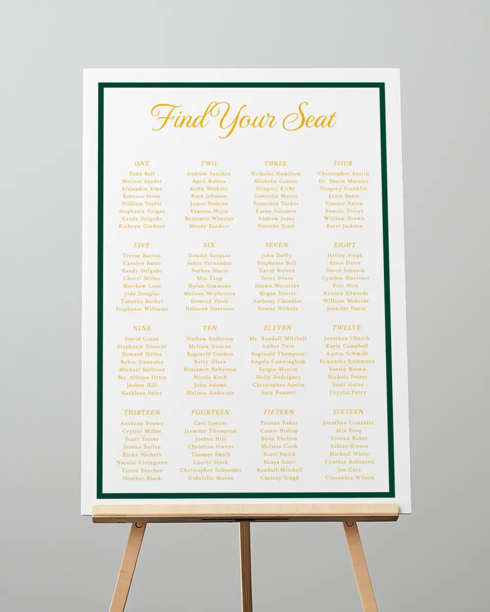 This is a 20" x 28" Seating Chart Sign called Lasting Legacy printed in full color with Rose Gold foil