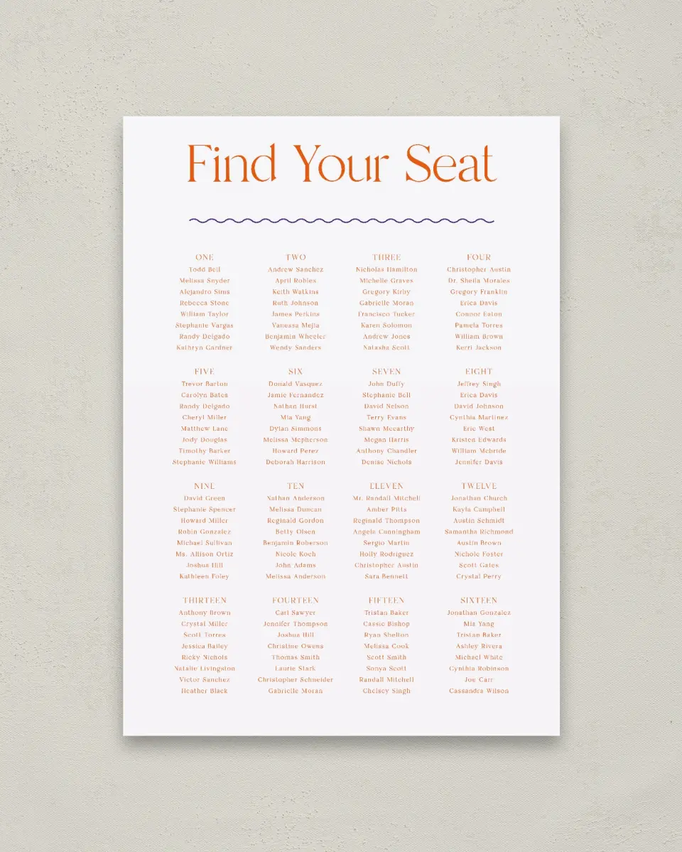 This is a 20" x 28" Seating Chart Sign called Scholarly Soirée printed in full color with Silver foil