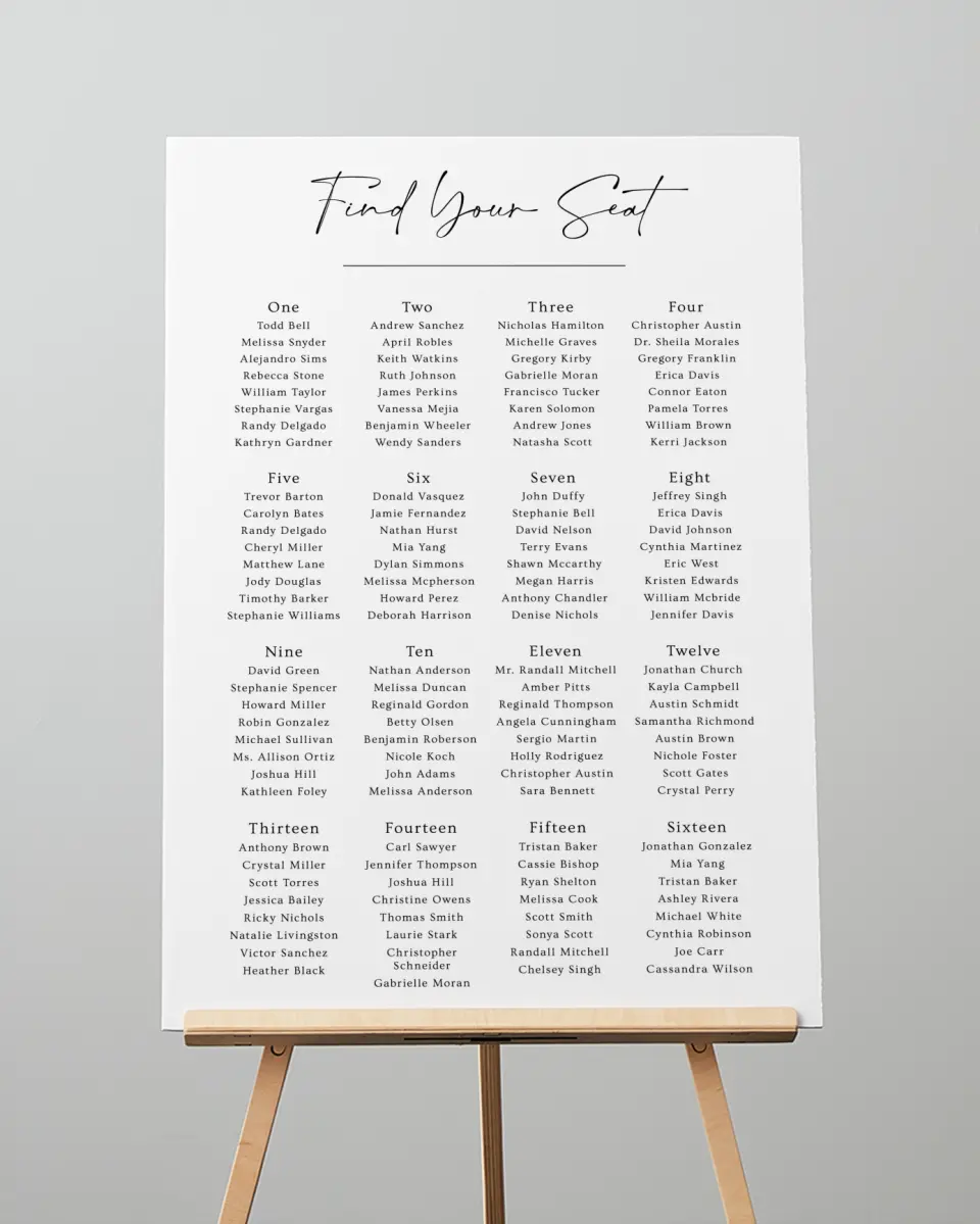 This is a 20" x 28" Seating Chart Sign called Starlight Gala printed in full color with Silver foil