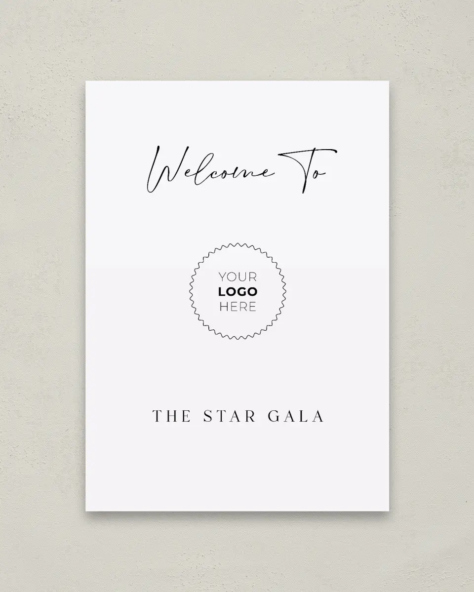 This is a 20" x 28" Welcome Sign called Starlight Gala printed in full color with Silver foil