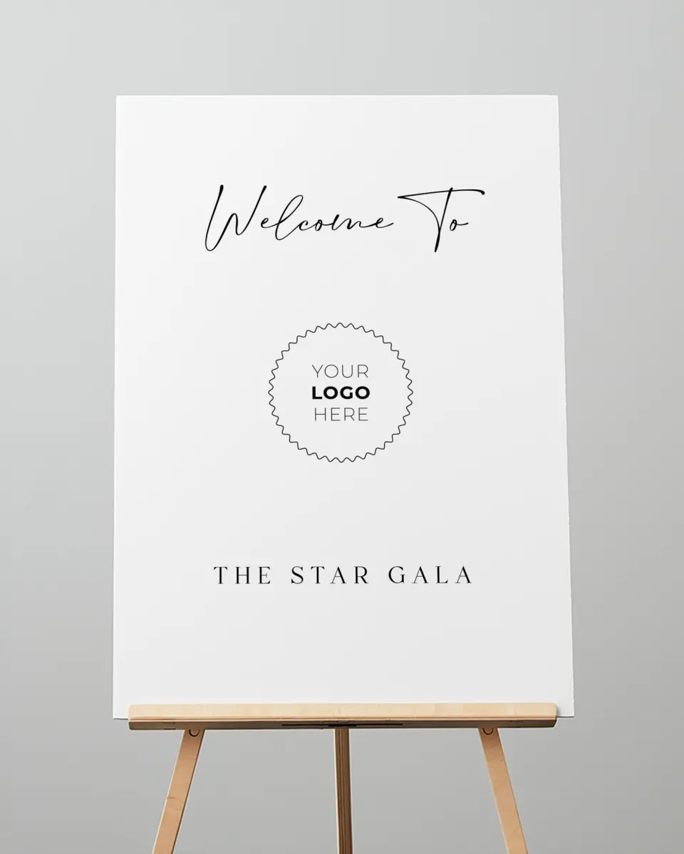 This is a 20" x 28" Welcome Sign called Starlight Gala printed in full color with Silver foil