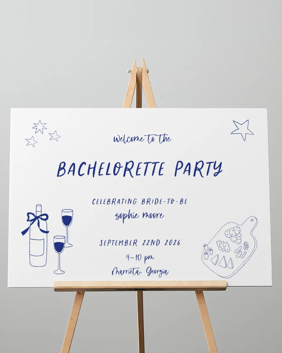 This is a 20" x 28" Welcome Sign called Wine & Boards printed in full color with Rose Gold foil