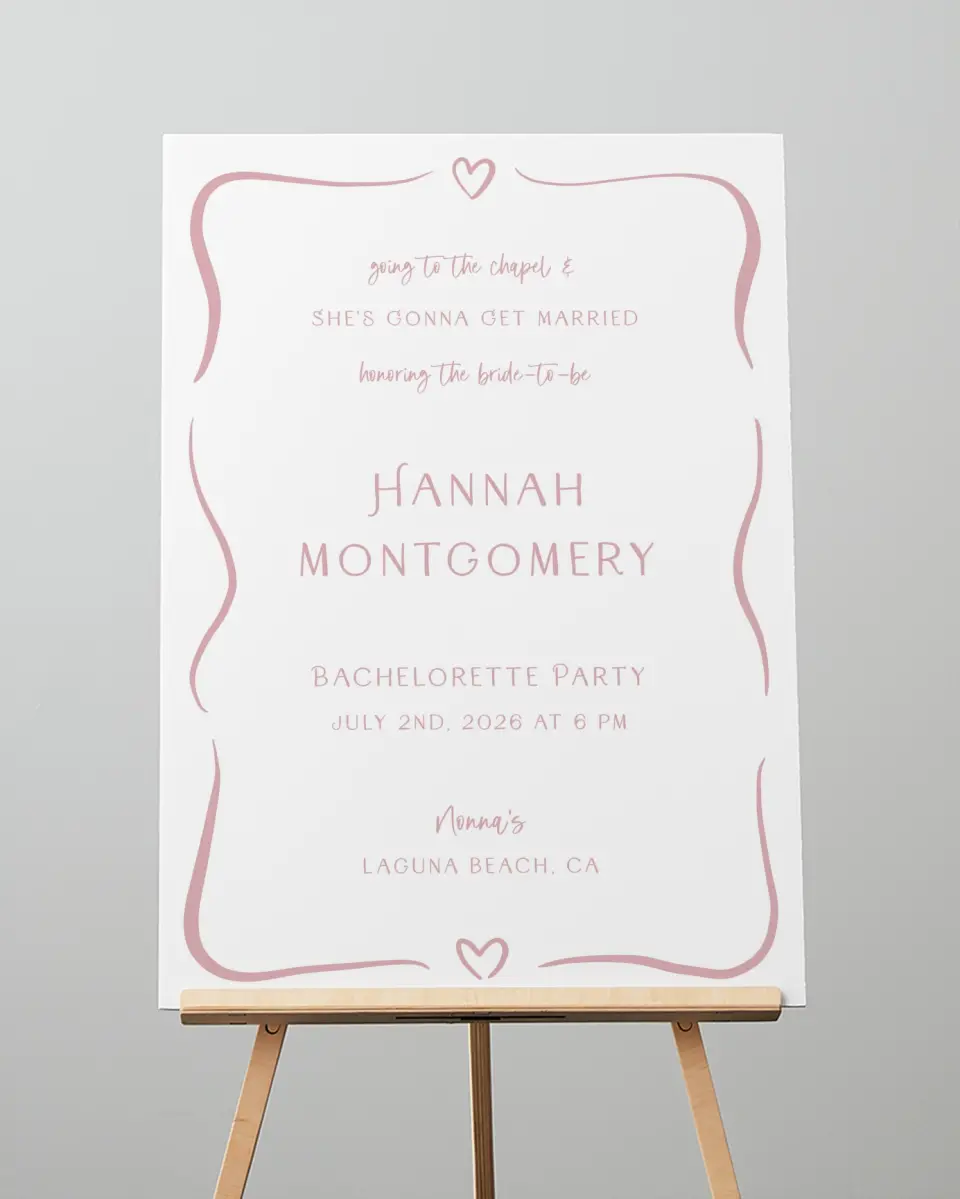 This is a 20" x 28" Welcome Sign called Going to the Chapel printed in full color with Rose Gold foil
