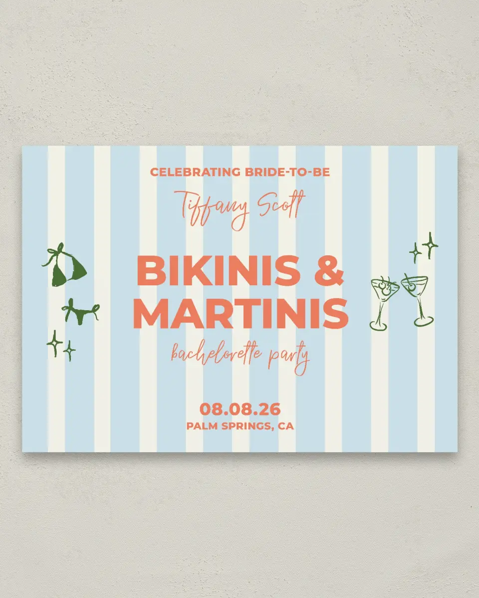 This is a 20" x 28" Welcome Sign called Bikinis & Martinis printed in full color