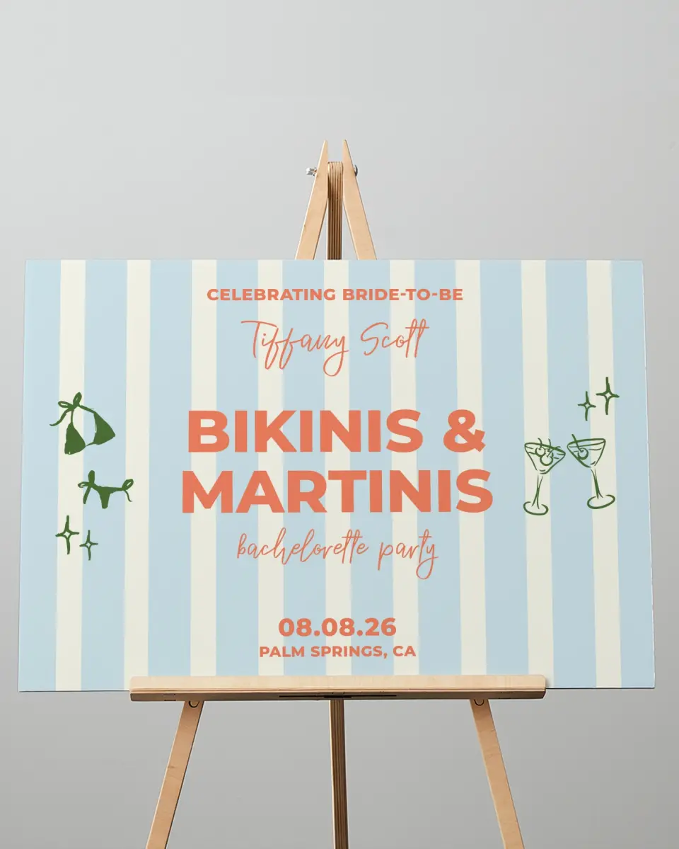 This is a 20" x 28" Welcome Sign called Bikinis & Martinis printed in full color with Silver foil