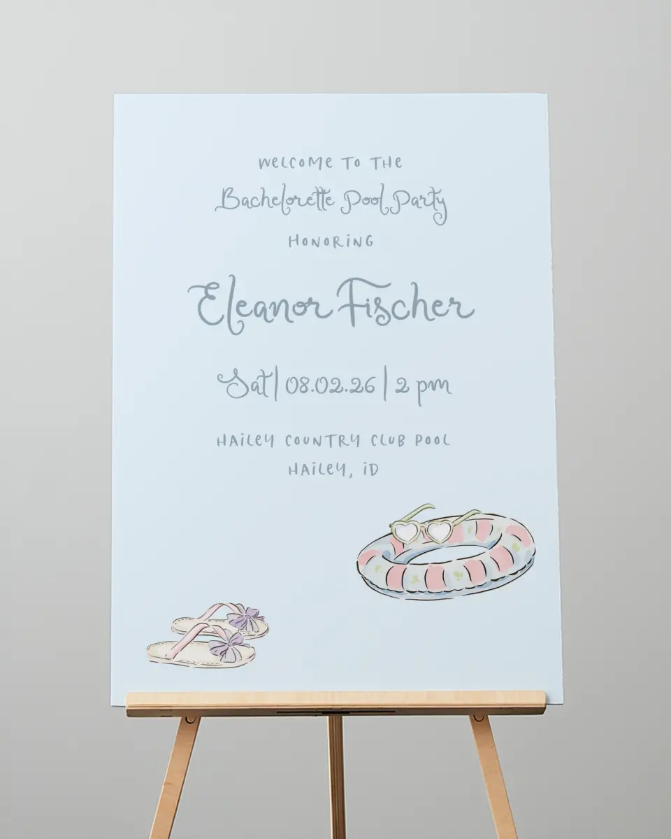 This is a 20" x 28" Welcome Sign called Pool Bach printed in full color with Rose Gold foil
