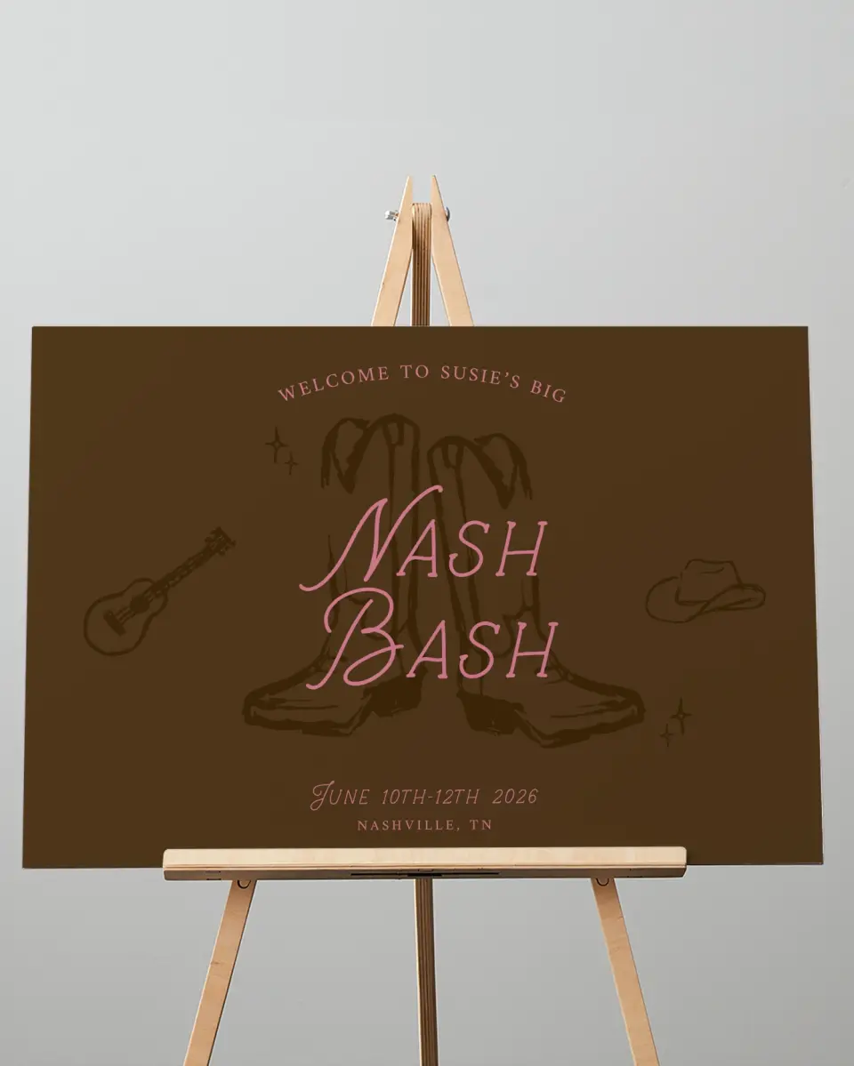 This is a 20" x 28" Welcome Sign called Nash Bash printed in full color with Silver foil